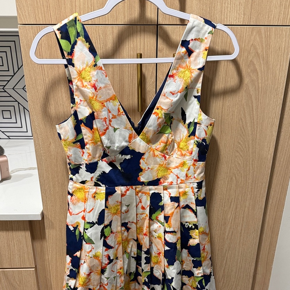 J. Crew Navy Floral V-Neck Sleeveless Dress with Yellow & Green Accents
